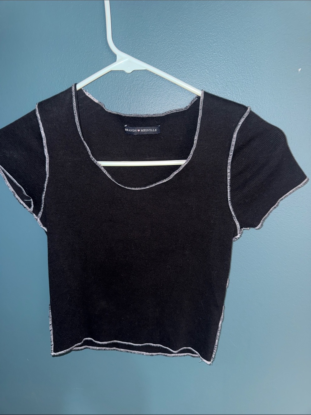 Brandy Melville Black Cropped Tee with Contrast White Stitching